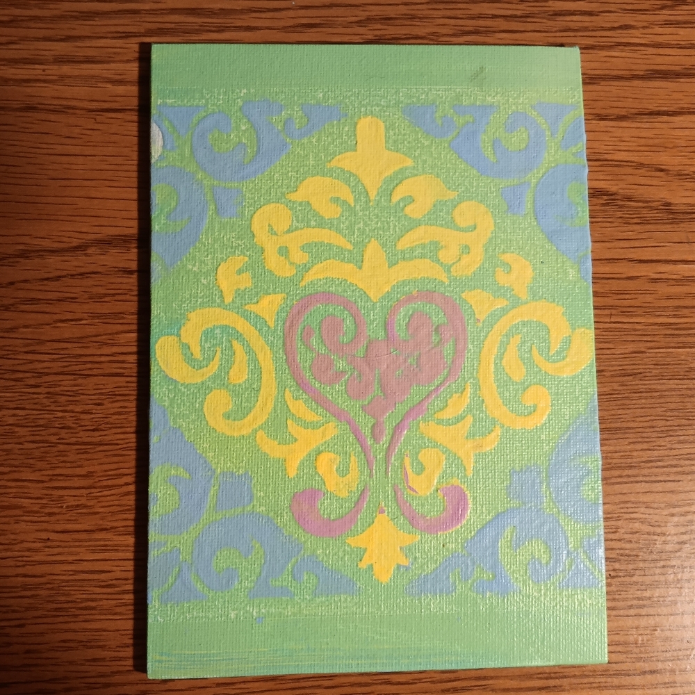 Pink Heart And Yellow On Green Abstract Floral Canvas Art in Soft Hues